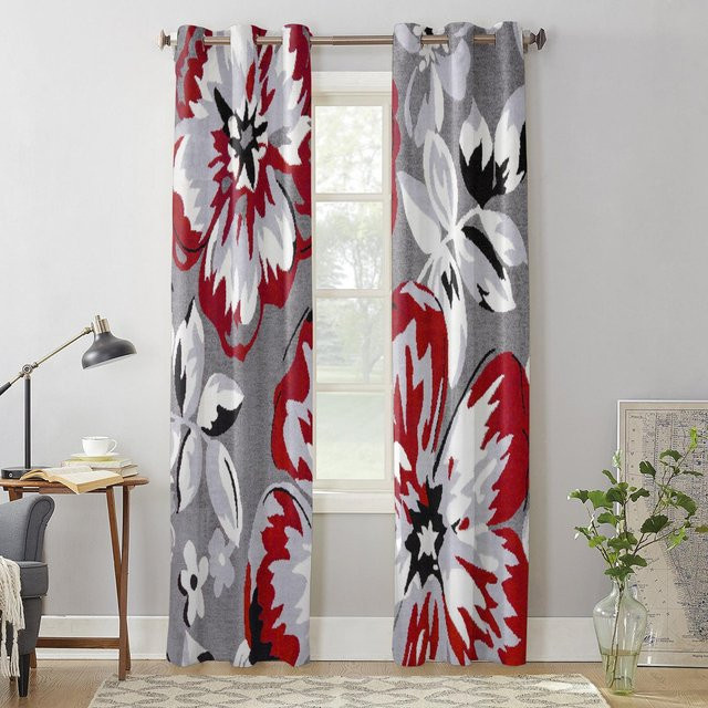Dekorativer Fenstervorhang mit Blumenmuster von Binchi Outdoor Equipment in Rot und Grau, halbtransparent, Breite: 135 cm, Höhe: 60 cm - Bild 1