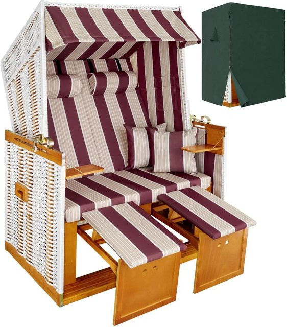 tectake Strandkorb gepolstert in Rot Weiß mit ausziehbaren Fußbänkchen und Seitentischen B/T/H: 115 x 158 x 78 cm - Bild 2