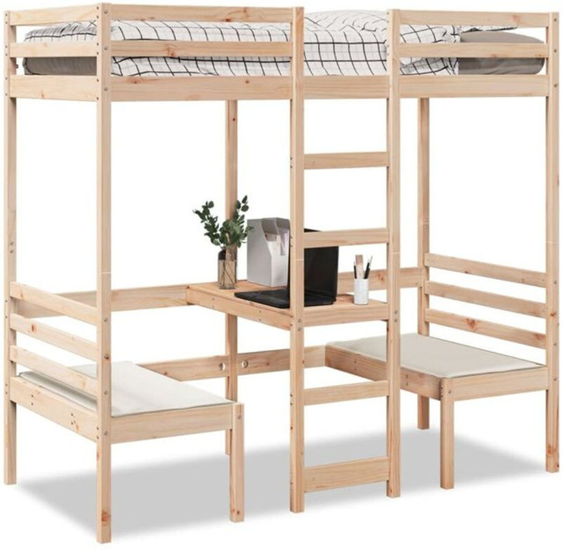 Vidaxl Hochbett aus Massivholz Kiefer mit Schreibtisch und Stühlen in Natur und Braun, B/T/H: 190 x 75 x 82,5 cm - Bild 1
