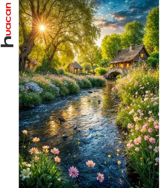 Huacan DIY-Diamantgemälde Naturlandschaft Baumhaus 5D-Fluss-Stickset Mosaik-Bastelset Multicolor B: 30,0 cm, H: 20,0 cm - Bild 1