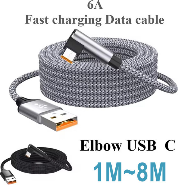 USB C Ladekabel mit 6A Schnellladung und 480Mbps Datenübertragung in Schwarz mit Ellenbogen-Stecker - Bild 1