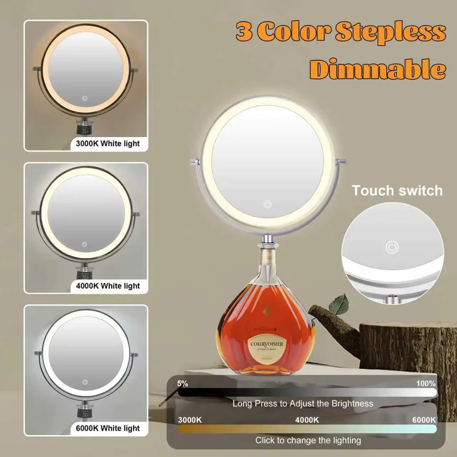 TUSETU Kosmetikspiegel mit LED-Licht, 360 Grad rotierender Make-up-Spiegel mit 10-facher Vergrößerung und dimmbarer Beleuchtung, Silber - Bild 2