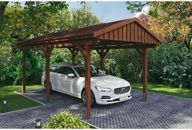 Skan Holz Carport Fichtelberg aus Fichte in Nussbaum Braun mit spitzer Dachform und Dachschindeln, B/T: 317 x 566 cm, Höhe: 303 cm - Bild 1