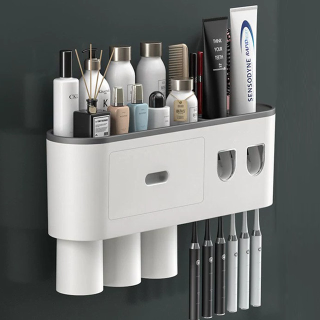 Willstar Zahnbürstenhalter zur Wandmontage mit Bechern und automatischem Zahnpastaspender, Organizer für das Badezimmer in Grau oder Weiß - Bild 1