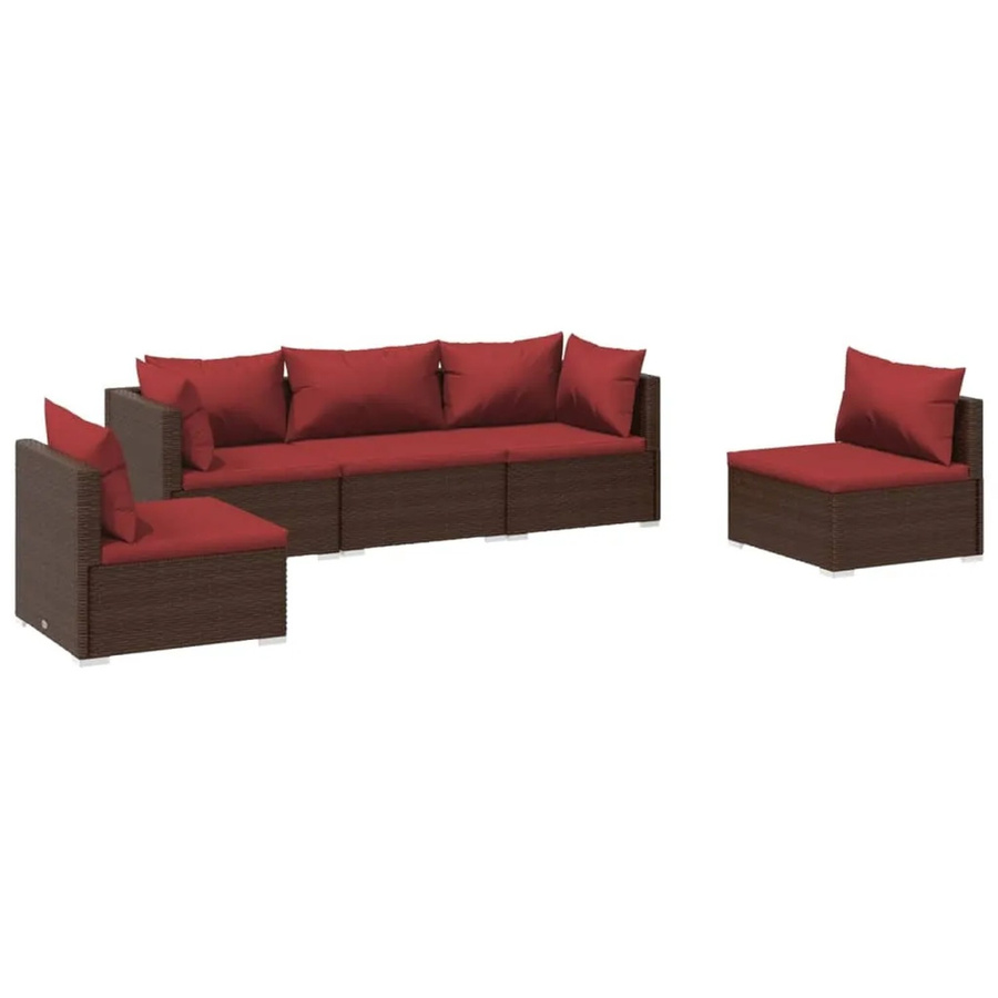 vidaXL 5-tlg. Garten-Lounge-Set in L-Form aus Poly Rattan und Metall mit Kissen in Braun und Rot - Bild 2
