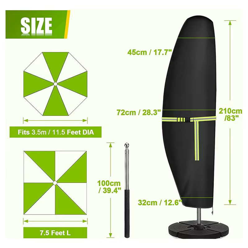 BAAJ-1 Wasserdichte Outdoor-Schirmhülle aus Polyester für freitragende Sonnenschirme, Schwarz, B/T/H: 210 x 45 x 72/32 cm - Bild 6