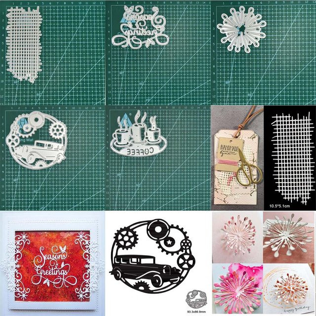 Metall Schablonen Set mit Blumen, Zahnrädern und Kaffeetassen in Silber für Bastelarbeiten und Scrapbooking - Bild 1