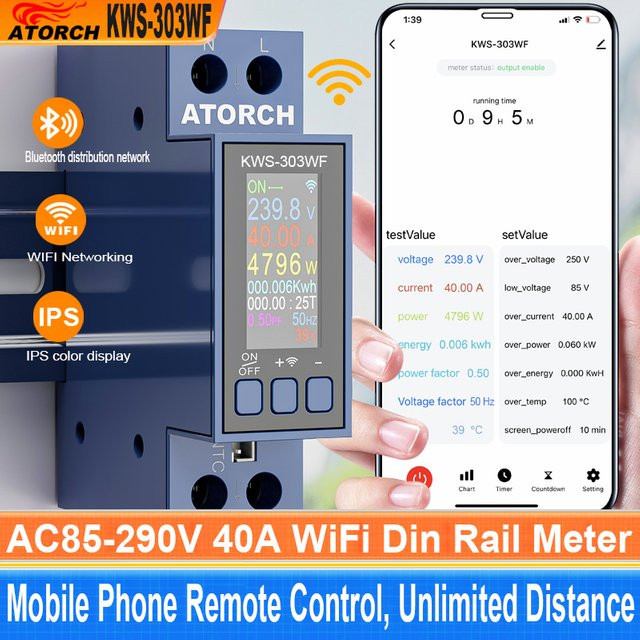 ATORCH WiFi Tuya Digitales DIN-Schiene AC Voltmeter und Wattmeter zur Strommessung in Blau - Bild 1