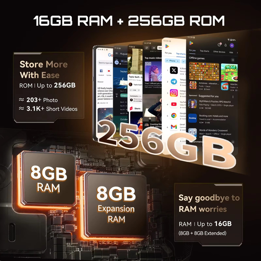 Cubot X100 5G Smartphone mit 256 GB ROM, 16 GB RAM, 6,88 Zoll 120 Hz Display, 64 MP Kamera und 5100 mAh Akku, Android 15, NFC, Gold/Schwarz - Bild 2