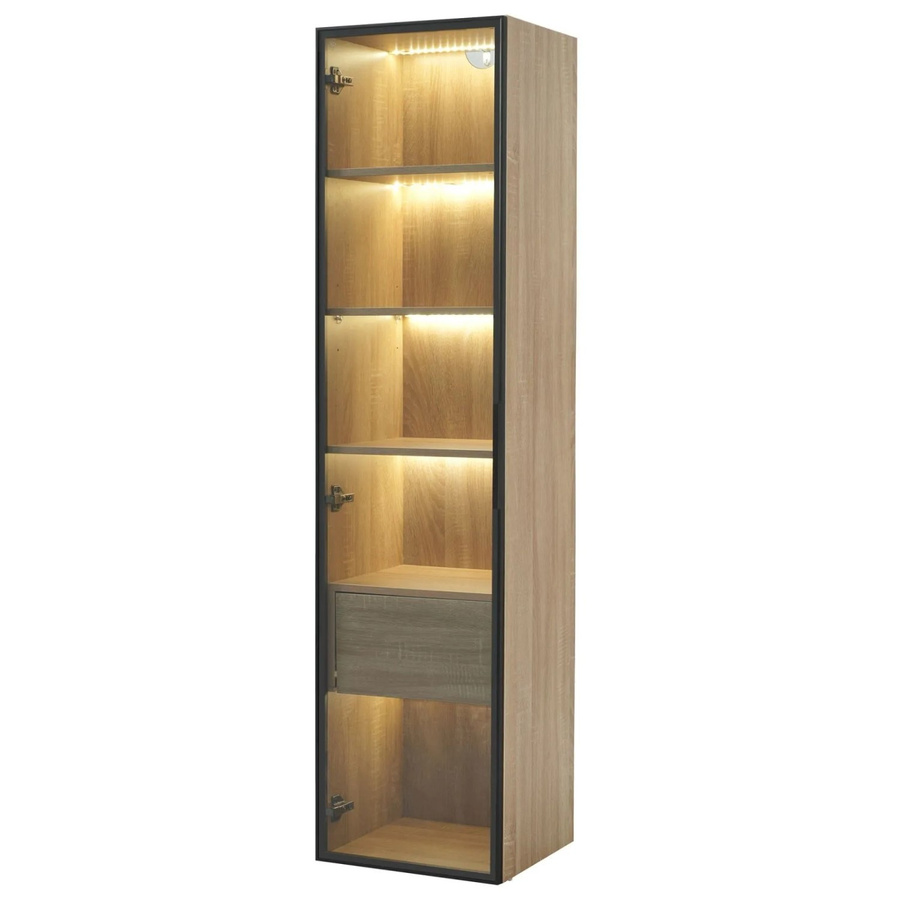 PXloue Badezimmerschrank in Natur Braun mit LED-Beleuchtung, Türen und Schubladen, H x B x T: 165 x 40 x 165 cm - Bild 2