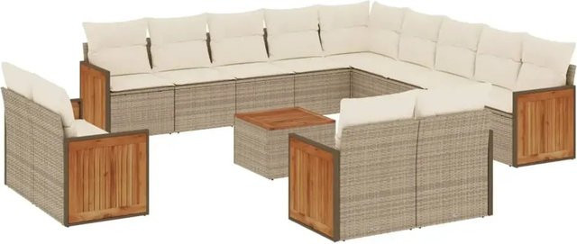 vidaXL 14-tlg. Garten-Sofagarnitur in L-Form aus Poly-Rattan und Akazienholz mit Kissen in Beige-Creme - Bild 1
