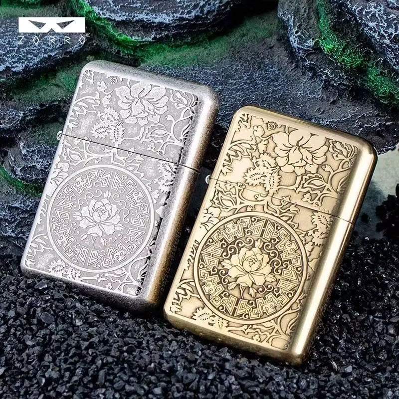 ZORRO Messing Kerosinfeuerzeug Retro-Kollektion Gold Orange Doppelseitig Handgraviert Winddicht mit Radzündung - Bild 1