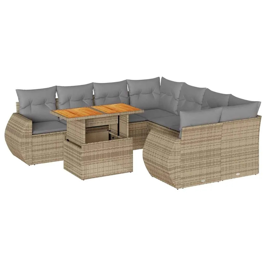 vidaXL 9-teilige Garten-Sofagarnitur in L-Form aus Poly-Rattan und Akazienholz mit Kissen in Beige-grau - Bild 2