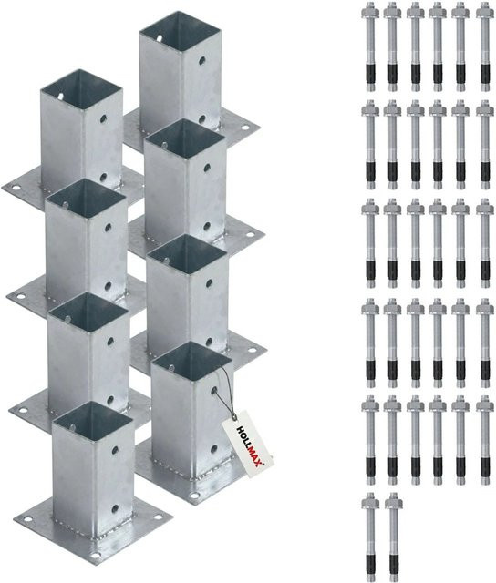 HOLLMAX Pfostenträger Set mit 8 Aufschraubhülsen 80 mm und Schwerlastankern 10 x 100 mm, verzinkt in Silber für Rundholzpfosten - Bild 1