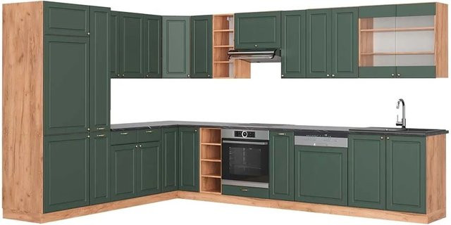 Vicco Fame-Line Küchenschränke Landhausstil in Grün und Eiche mit Soft-Close-Türen, B/H: 347 x 257 cm - Bild 1
