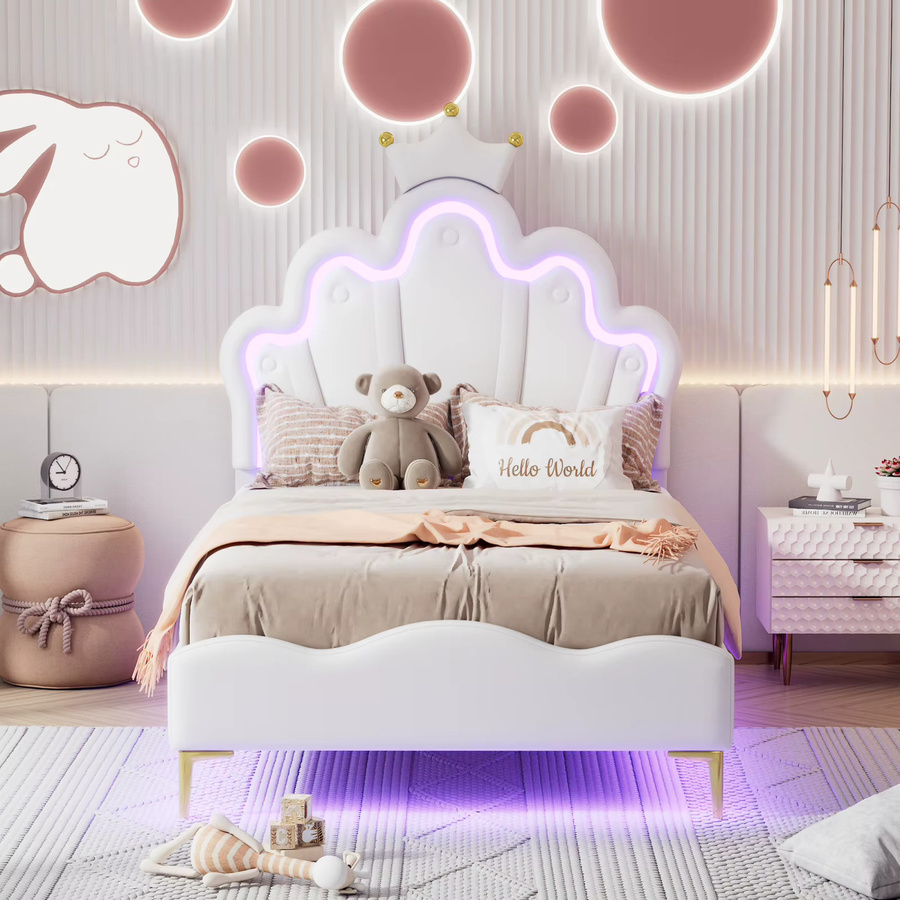 Superaly Kinderbett Einzelbettgestell Prinzessinnenbett mit Kronenförmigem Kopfteil und Lattenrost, Farbe: Weiß, B/T/H: 90 x 200 cm - Bild 1