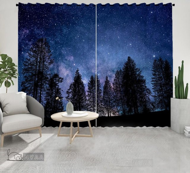 2er-Set Stoffvorhänge mit Sternenhimmel und Mond-Motiv in Blau, halbtransparent, B: 100 cm, H: 130 cm - Bild 1