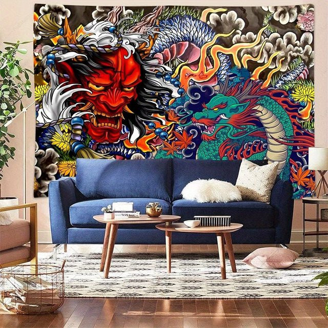VIKAMA Wandteppich im japanischen Stil mit Hannya-Maske und grünem Drachen, bestickter Textil-Wandteppich für Gaming Room und Anime-Deko, Farbe: Grün/Mehrfarbig, B/H: 40 x 60 cm - Bild 1