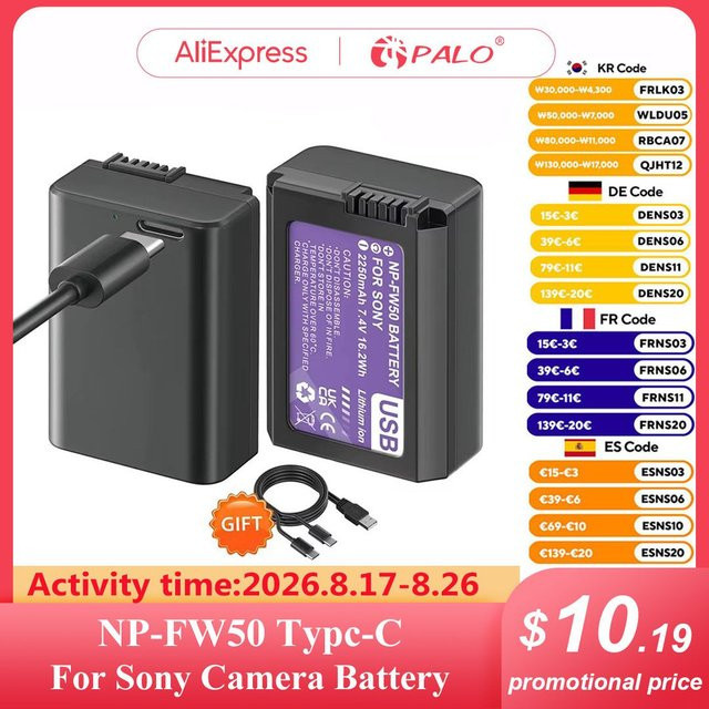 PALO NP-FW50 Akku mit USB-C-Eingang in Schwarz für Sony Alpha A6500 A6300 A6400 A6000 A6100 A5000 A3000 NEX-3 A7 7R A7R II - Bild 1