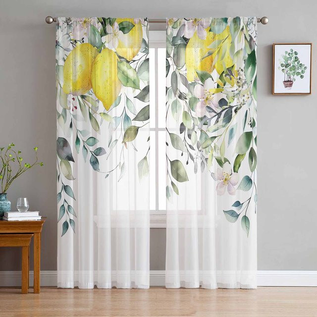 Weiße Scheibengardinen mit Zitronen-Blättern im Landhausstil aus Tüll Voile, Breite: 135 cm, Höhe: 115 cm - Bild 1