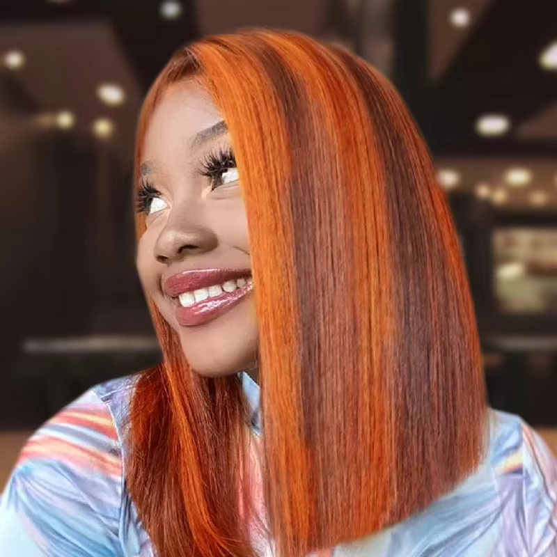 Luxexuan Bob-Perücke, 100% Echthaar, Ingwer-Orange, 200% Dichte - Bild 6