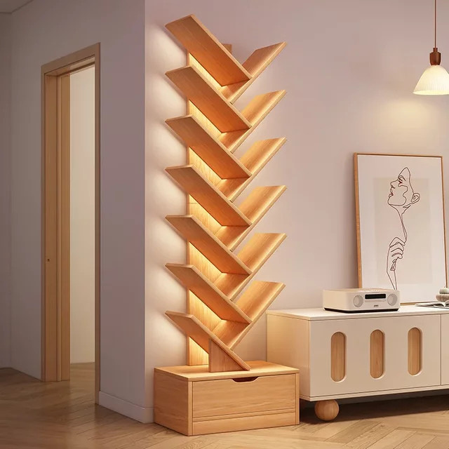 LIUSHADUOLA Baumförmiges Bücherregal aus massivem Holz in Braun mit integrierter Beleuchtung und modernem Design - Bild 1