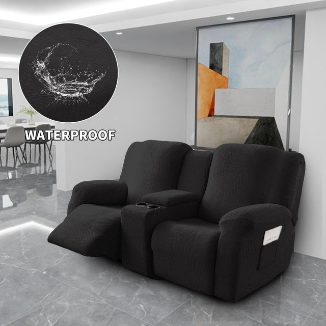 8-teiliges wasserdichtes Set Sofaüberzüge für 2-Sitzer Relaxsofas mit Mittelkonsole in Schwarz - Bild 1