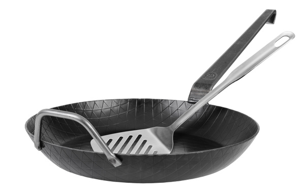Schmiedeeiserne Bratpfanne Gräwe F400 mit hohem Rand und Gegengriff Durchmesser: 32 cm inklusive Pfannenwender