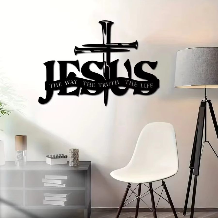 Religiöse Jesus Kreuz Wandkunst aus Metall in Schwarz mit Schrift als modernes Deko-Ornament von CIFBUY - Bild 3