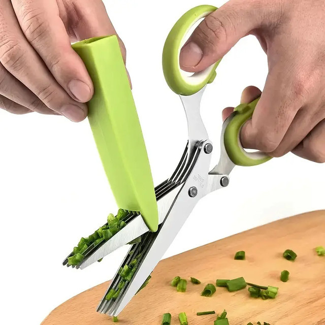 Multifunktionale Küchenschere mit fünf Klingen und Zwiebelblume aus Edelstahl in Grün - Bild 1