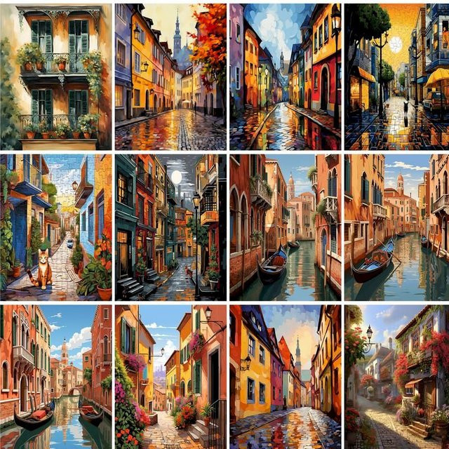 PhotoCustom Malen nach Zahlen DIY-Set Stadtstraße Landschaftsmalerei Multicolor - Bild 1