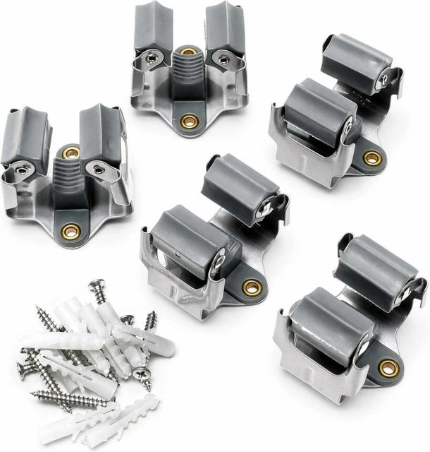 Wiltec Gerätehalter aus Stahl in Silber, 5er Set Wandhalterung als Besenhalter und Klemmhalter zur Wandmontage - Bild 1