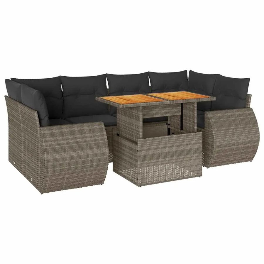 vidaXL 7-teilige Garten-Sofagarnitur in L-Form aus grauem PE-Rattan mit Kissen und Akazienholz - Bild 2