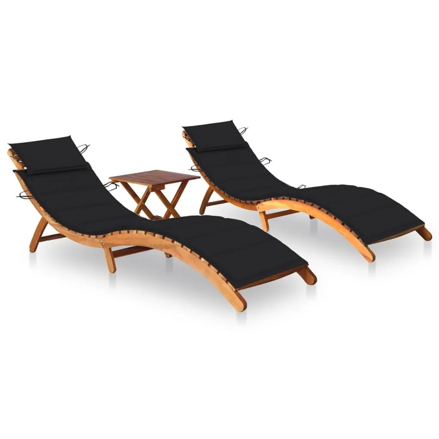 vidaXL Sonnenliegen Set aus 2 Stück mit Tisch und Auflagen aus Akazienmassivholz in Schwarz - Bild 2
