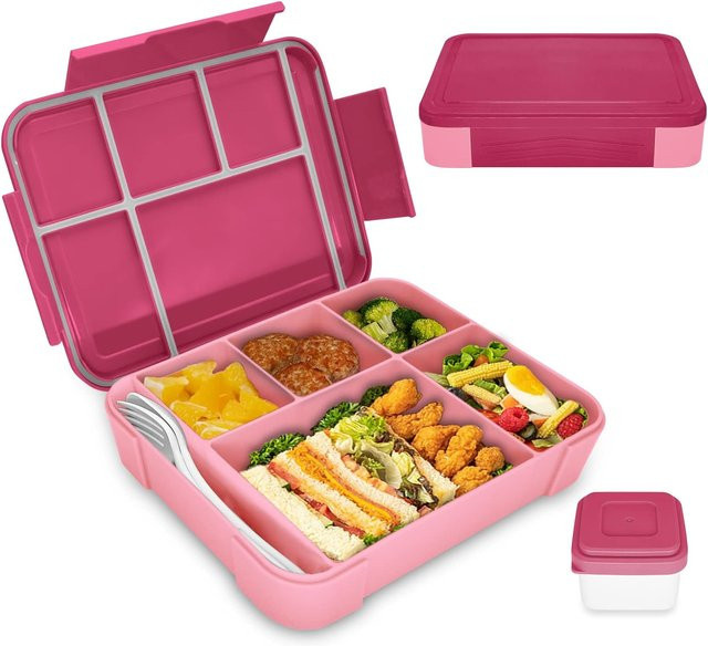 Yiran Furniture Bento Box Lunchbox mit 6 Fächern und Besteck, 1330 ml, Pink - Bild 1