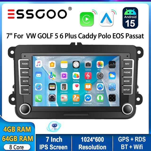 ESSGOO Android 14 Autoradio mit 7 Zoll Display, 64GB Speicher, GPS, Bluetooth, Carplay und RDS für VW Golf 5 6, Passat, Polo 6R, Touran, Tiguan, Caddy, EOS, Jetta, Seat und Skoda, Schwarz - Bild 1