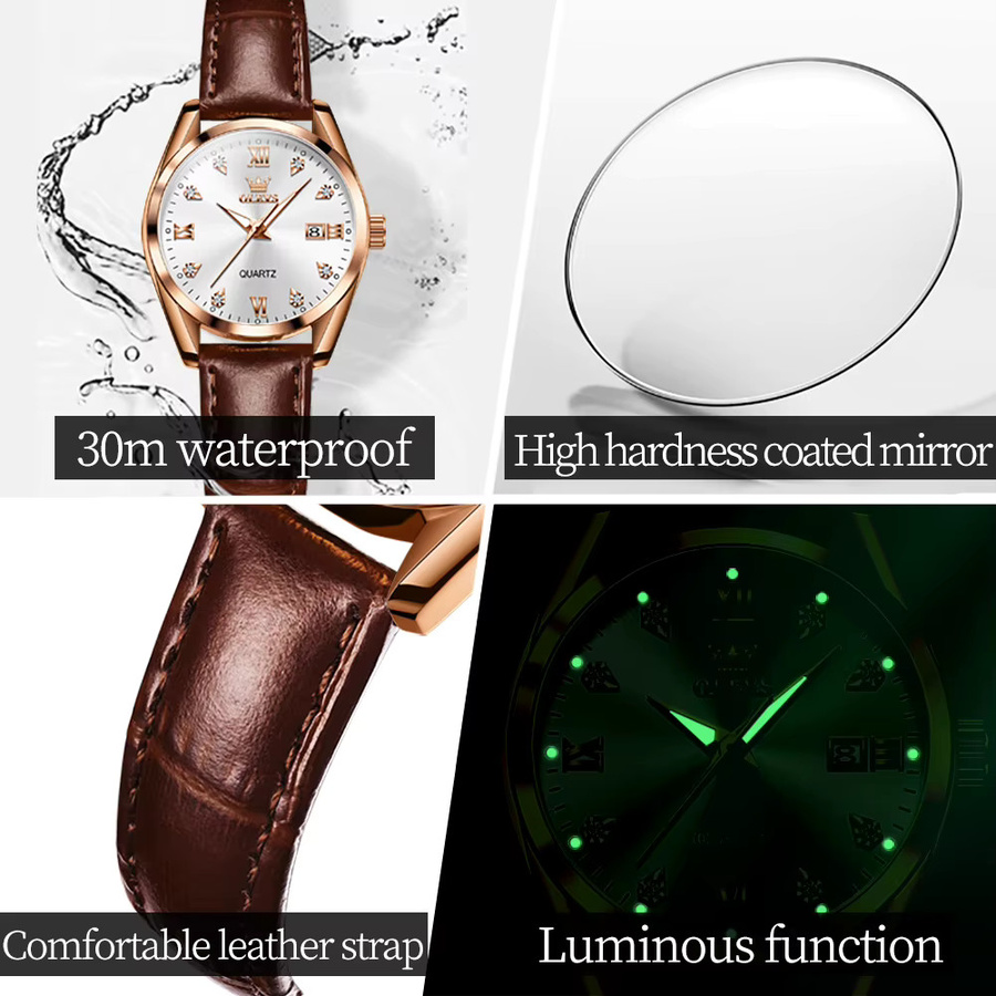 OLEVS Armbanduhr, Quarz, Leder, Diamant, Roségold, Damen - Bild 4