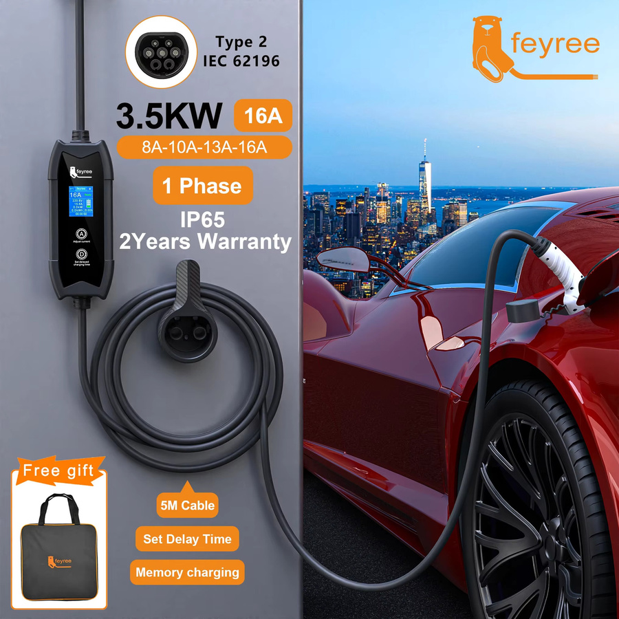 Feyree Typ2 EV-Ladegerät 3,5KW 16A Tragbare Ladebox mit Strom- und Zeitregelung und Schuko-Stecker in Schwarz - Bild 6