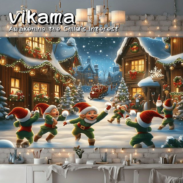 VIKAMA Weihnachts-Wandteppich mit Elfen-Schneeszene Design in Multicolour zur Wanddekoration für Weihnachten und Silvester - Bild 1