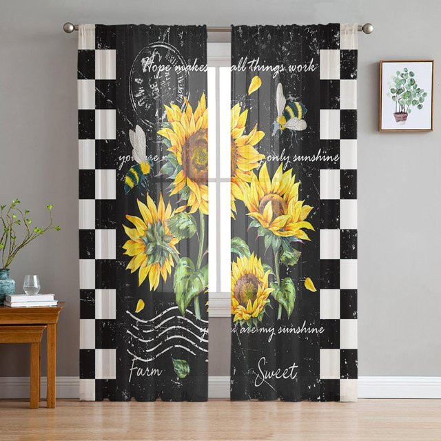Yiran Furniture Transparentes Tüll-Voile-Fenstervorhang mit Blumenmuster in Gelb, B: 135 cm, H: 115 cm - Bild 1