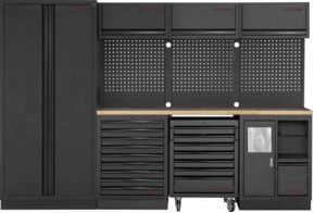 Kraftwerk 4-Element-Schrankwand mit Vierkantlochwand und Multiplex-Arbeitsplatten, Farbe: Schwarz, Länge: 295,5 cm - Bild 1