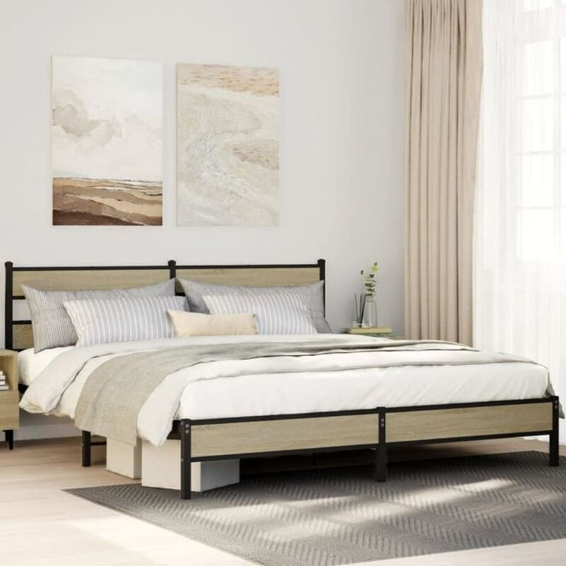 Metallbett Vidaxl in Sonoma-Eiche Natur aus Metall und Holzwerkstoff, B/T/H: 193 x 203 x 91,5 cm - Bild 1