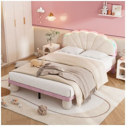 Gepolstertes Samtbett mit LED-Unterbettbeleuchtung von MUVOE in Beige und Rosa, B/T: 140 x 200 cm - Bild 1