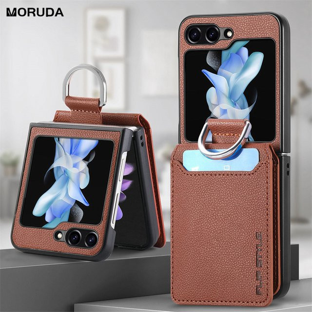 Lederhülle mit Lychee-Muster für Samsung Galaxy Z Flip 4 5 6 7 in Braun mit Kartenhalter und Fingerring - Bild 1