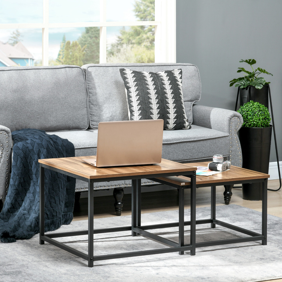 HOMCOM Couchtisch 2er-Set im Industrial Design mit Holzoptik und Stahl in Natur und Schwarz - Bild 3