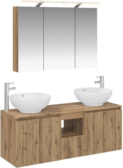 vidaXL Badezimmerschrank-Set 4-teilig in Artisan-Eiche, modern, braun, mit LED-Spiegelschrank und Waschtischunterschrank - Bild 1