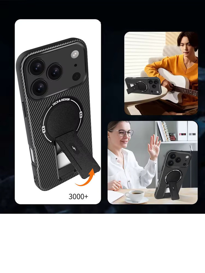 Kohlefaser-Handyhülle für iPhone 17 Air 16e 16 15 14 13 12 11 Pro Max Plus mit MagSafe und Rückständer in Grau - Bild 4