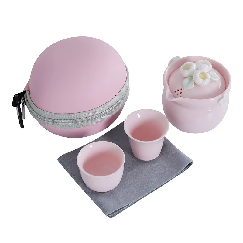 Tragbares Reise-Teeset aus Keramik mit floralem Design in Rosa, bestehend aus zwei Espresso-Tassen - Bild 4