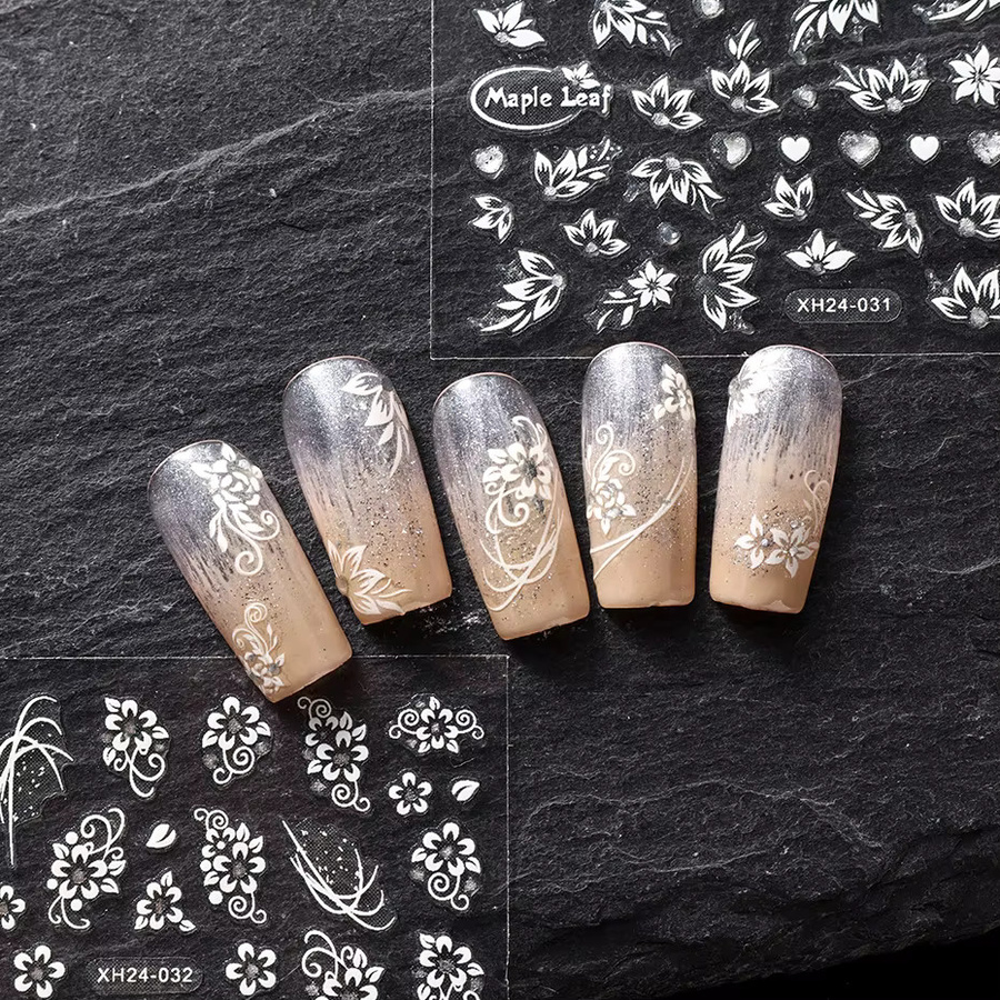Nagelaufkleber, weiße Blumen und Herzen, 30 Stück, Unisex - Bild 4