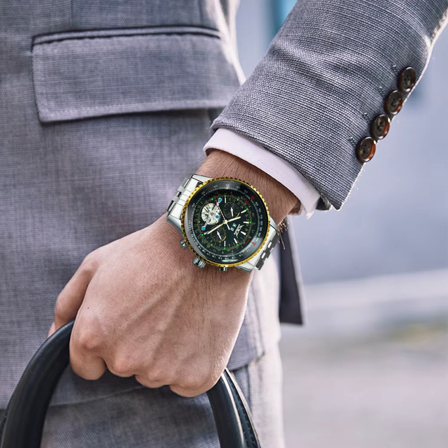 JARAGAR Automatik-Armbanduhr, Edelstahl, Leder, Schwarz, Herren - Bild 4